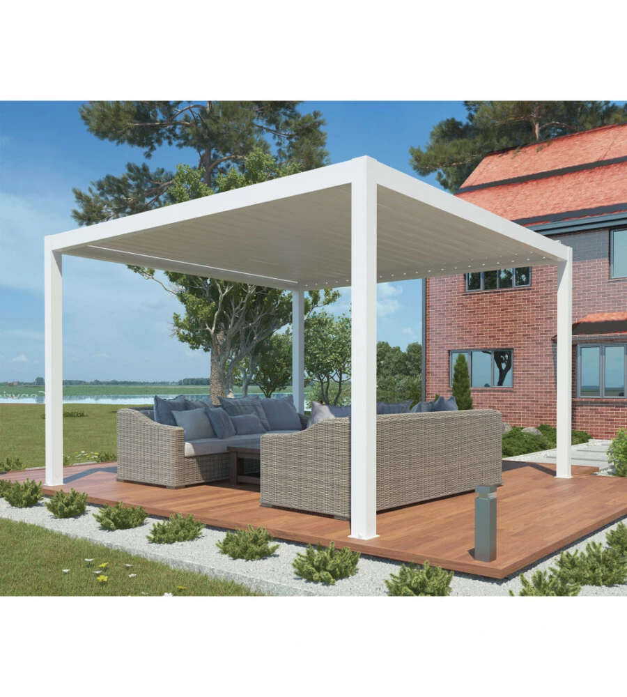 Gazebo pergola bioclimatica da esterno elica garden bianca in alluminio, con led e copertura motorizzata - 4x4x2,5 m