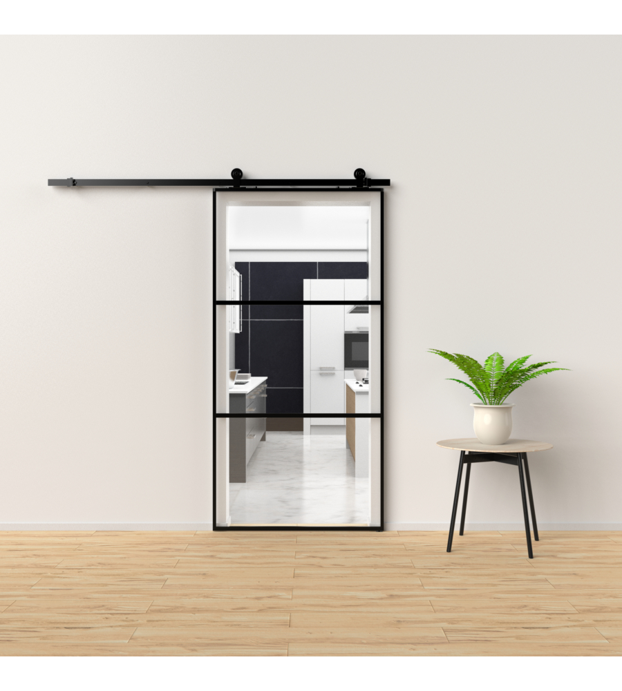 Porta Scorrevole In Alluminio Nero E 3 Sezioni In Vetro Trasparente, 96x220  Cm in vendita online