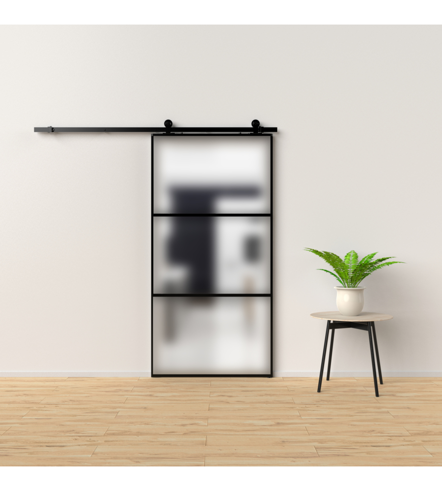 Porta Scorrevole In Alluminio Nero E 3 Sezioni In Vetro Satinato, 96x220 Cm  in vendita online