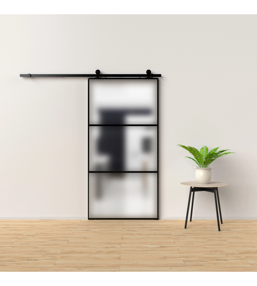 Porta scorrevole in alluminio nero e 3 sezioni in vetro satinato 96x220 cm