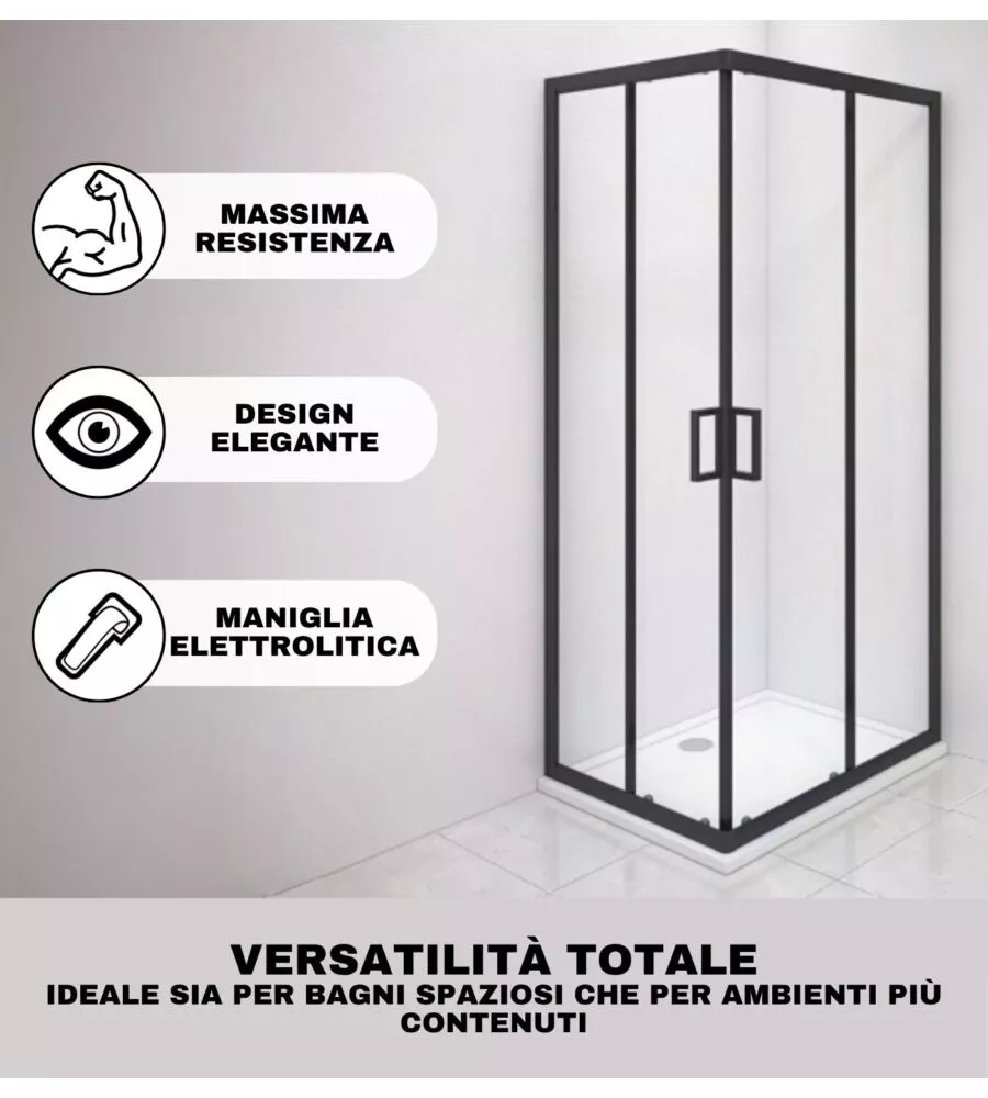 Box doccia angolare nero con vetro trasparente 70x90x185 cm