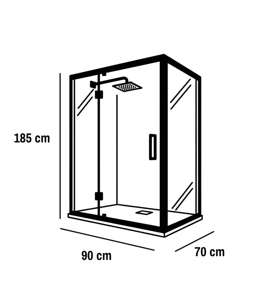 Box doccia angolare nero con vetro trasparente 70x90x185 cm