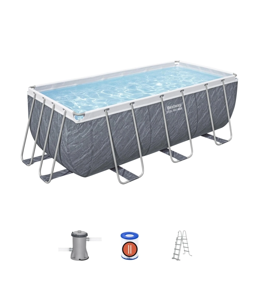 PISCINA FUORI TERRA CON STRUTTURA RETTANGOLARE BESTWAY "POWER STEEL FRAME" CON POMPA + SCALA EFFETTO MARMO 412X201X122 CM - COD. 56722-NEW