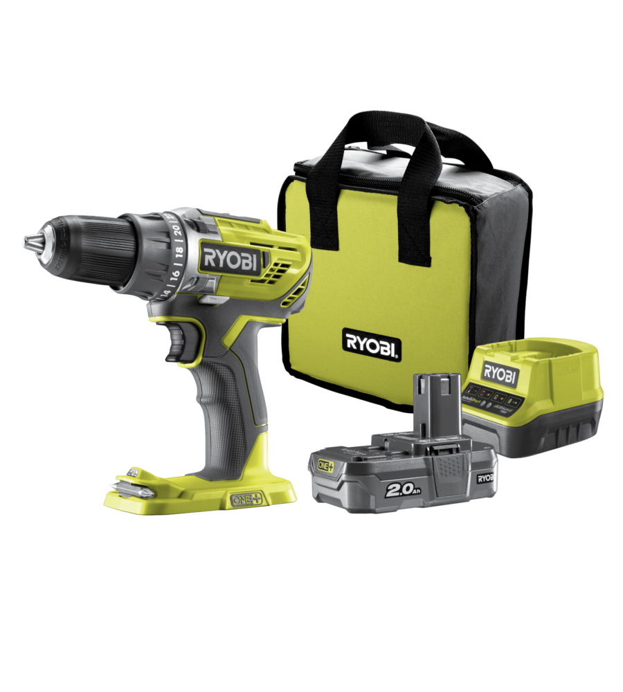 Kit valigetta trapano avvitatore a batteria ryobi "r18dd3-120s" 18v 2ah e caricabatterie