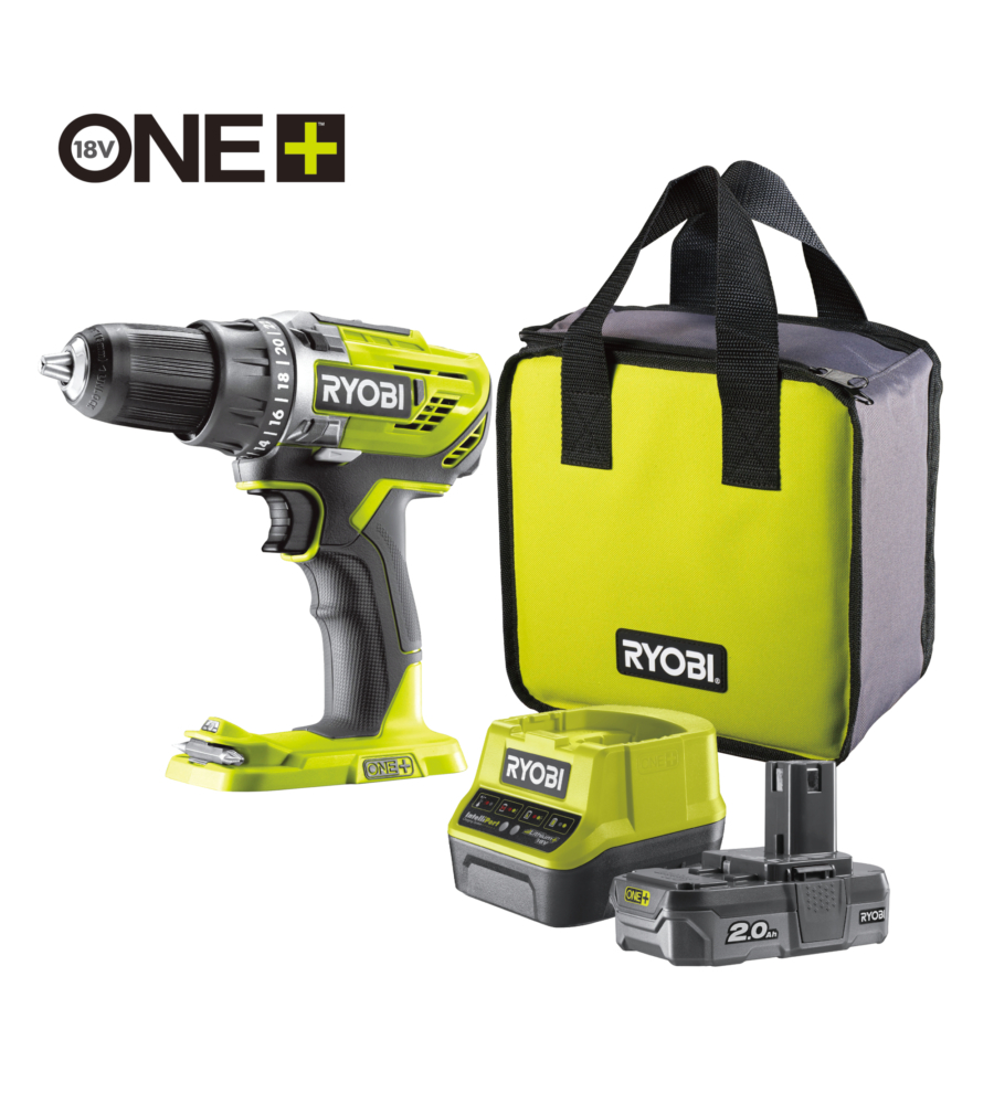 Kit valigetta trapano avvitatore a batteria ryobi "r18dd3-120s" 18v 2ah e caricabatterie