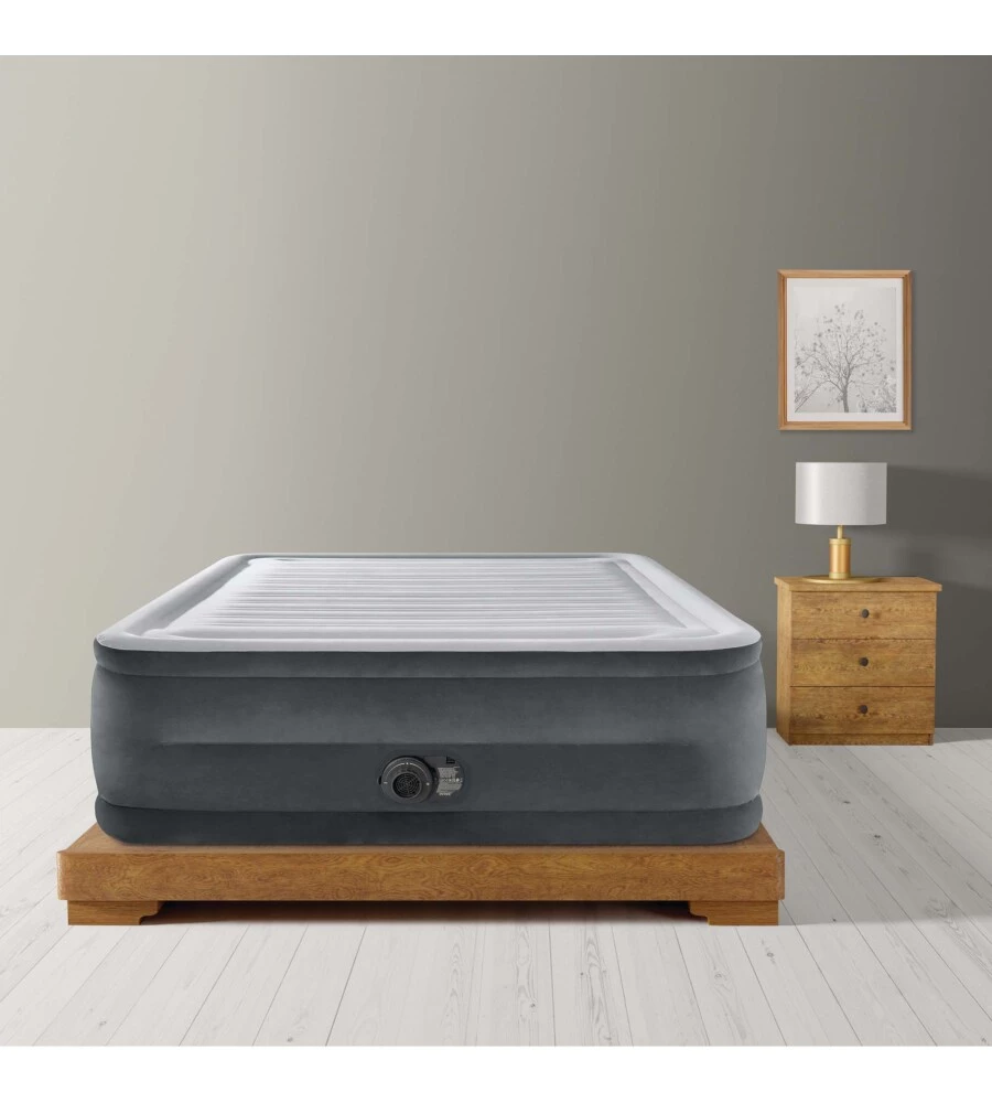 Materasso matrimoniale autogonfiante intex "airbed dura-beam comfort-plush high-rise" colore grigio chiaro e pompa integrata, 152x203x56 cm - cod. 64418nd