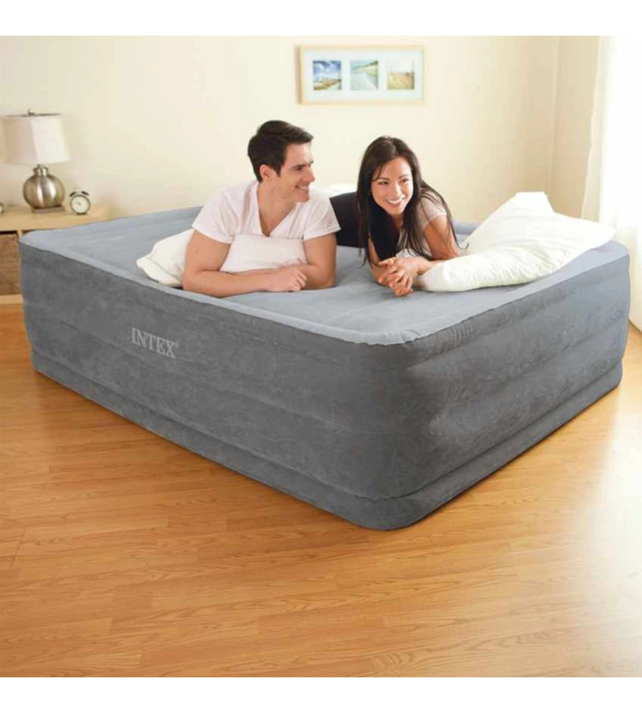 Materasso matrimoniale autogonfiante intex "airbed dura-beam comfort-plush high-rise" colore grigio chiaro e pompa integrata, 152x203x56 cm - cod. 64418nd