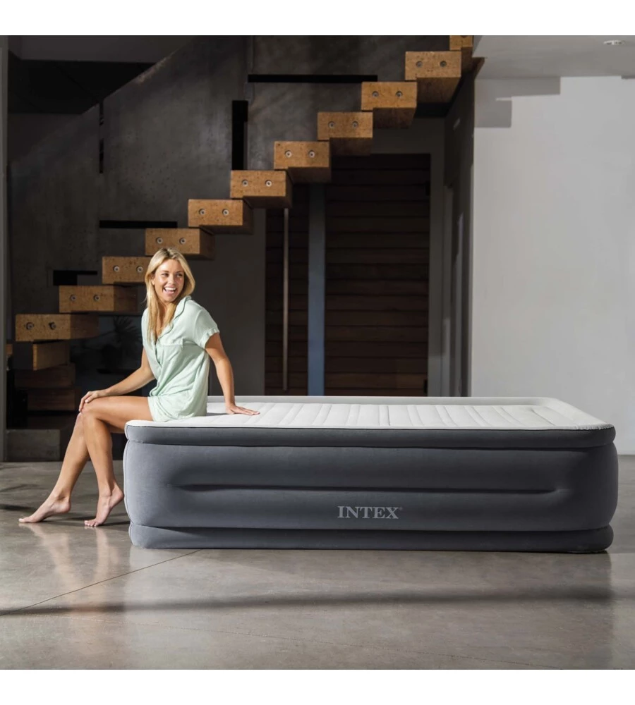 Materasso matrimoniale autogonfiante intex "airbed dura-beam comfort-plush high-rise" colore grigio chiaro e pompa integrata, 152x203x56 cm - cod. 64418nd