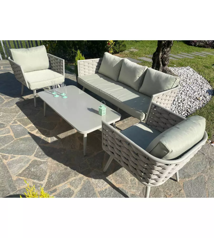 Set da giardino riviera "bucaneve" in alluminio tortora, 4 sedute e un tavolino