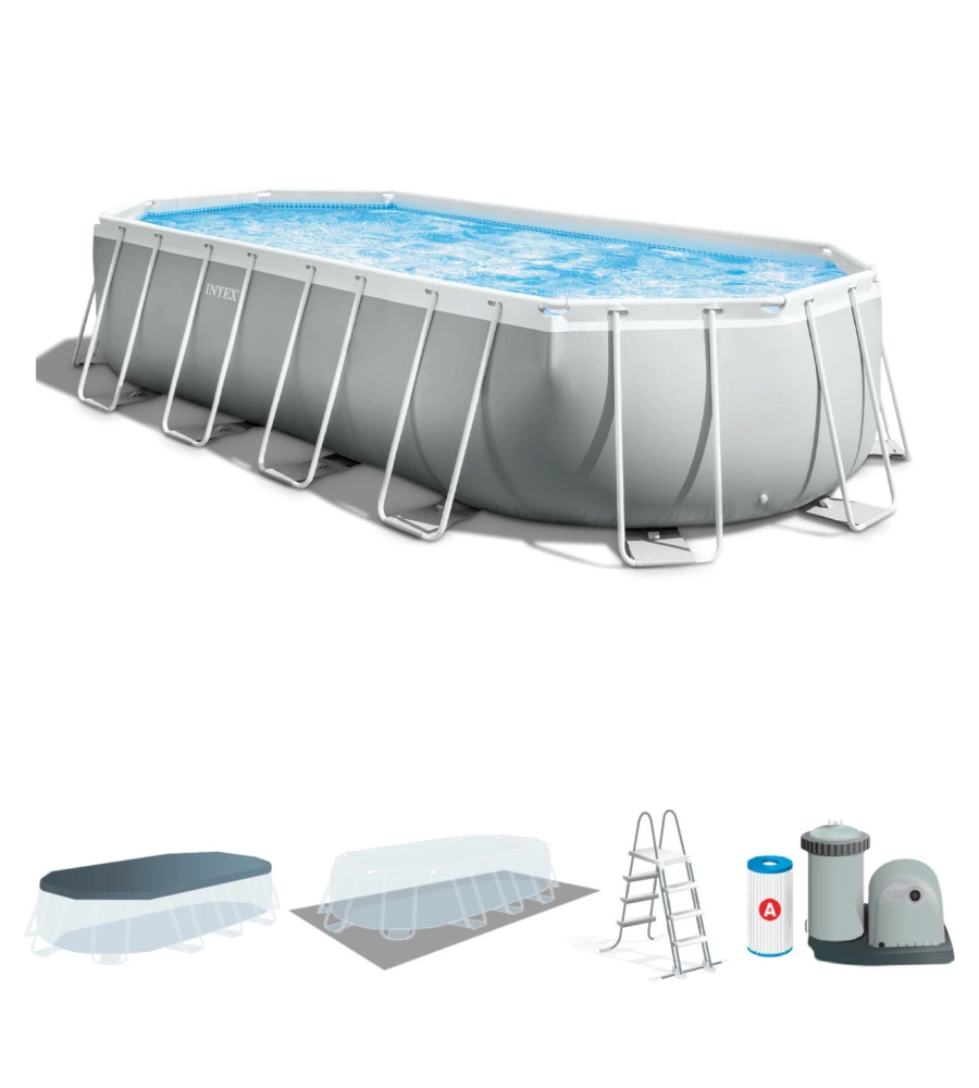 Piscina fuori terra con struttura ovale intex "prisma" con pompa filt grigio chiaro 610x305x122 cm - cod. 26798np