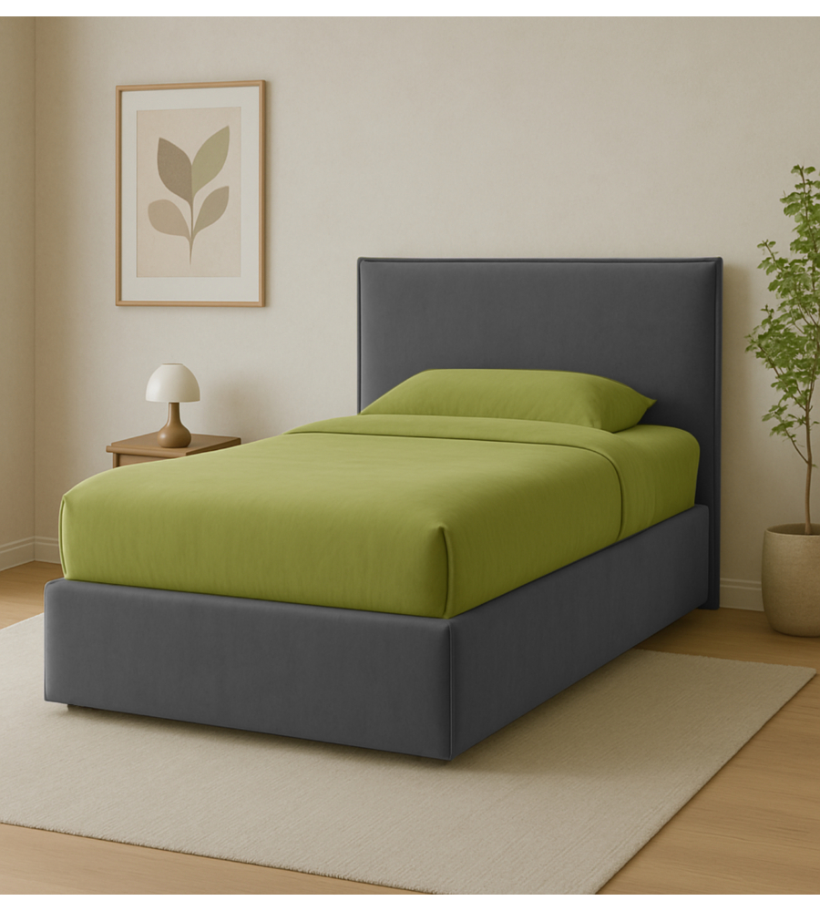 Letto una piazza e mezza "zoom" in tessuto colore grigio con rete e contenitore, 120x190