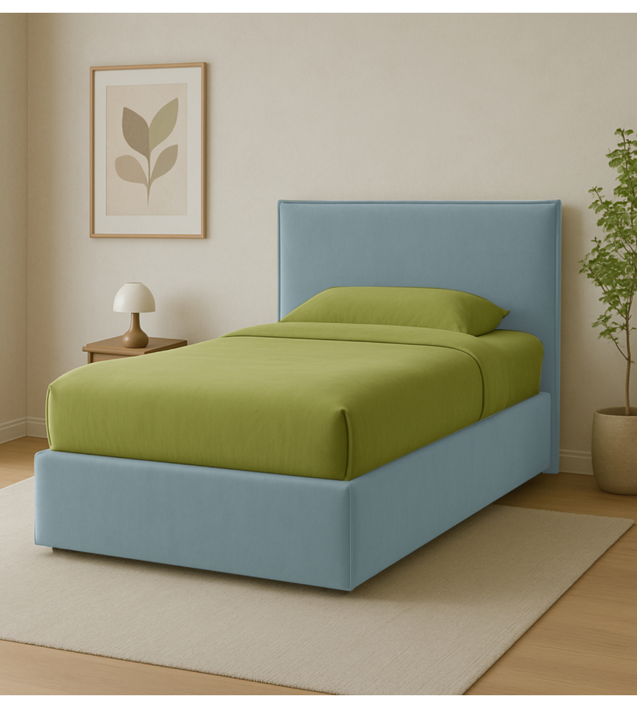 Letto una piazza e mezza "zoom" in tessuto colore celeste con rete e contenitore, 120x190