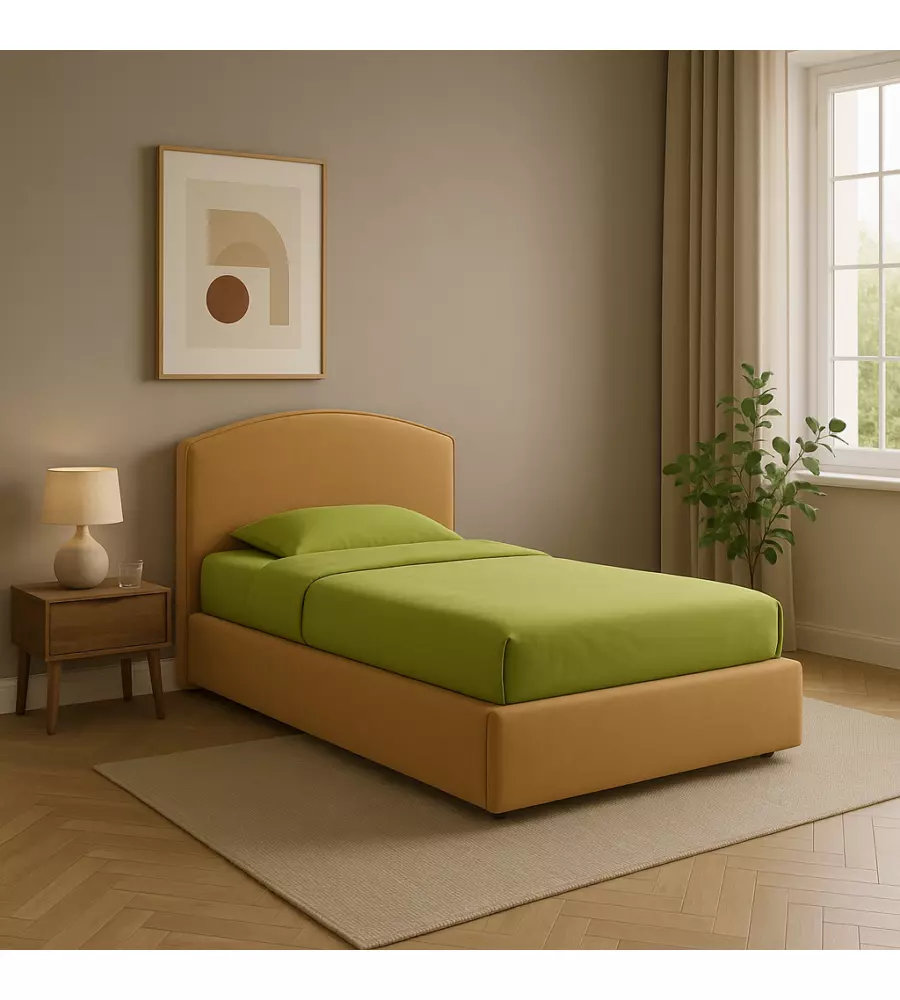 Letto singolo "moon" in tessuto colore arancione con rete e contenitore, 90x190 cm