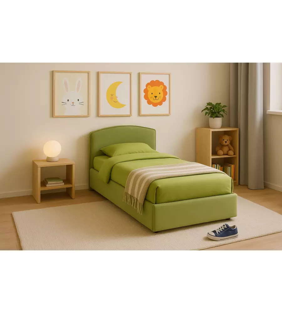 Letto singolo contenitore "moon" in tessuto verde 90x190 cm