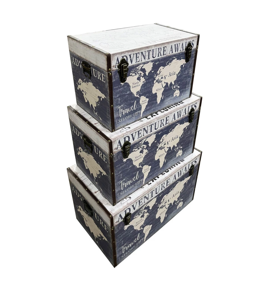 Baule in legno vintage bellahome rivestito in ecopelle fantasia adventure piccolo 51x29,5x32,5 cm