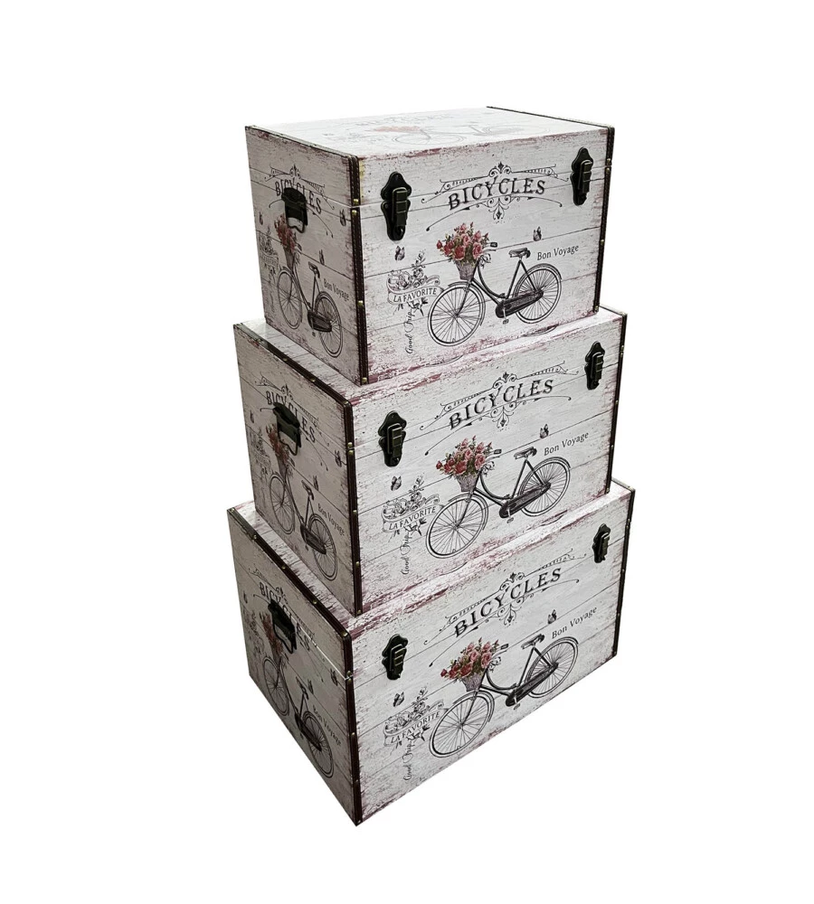 Baule in legno vintage bellahome rivestito in ecopelle fantasia bicycles piccolo 51x29,5x32,5 cm