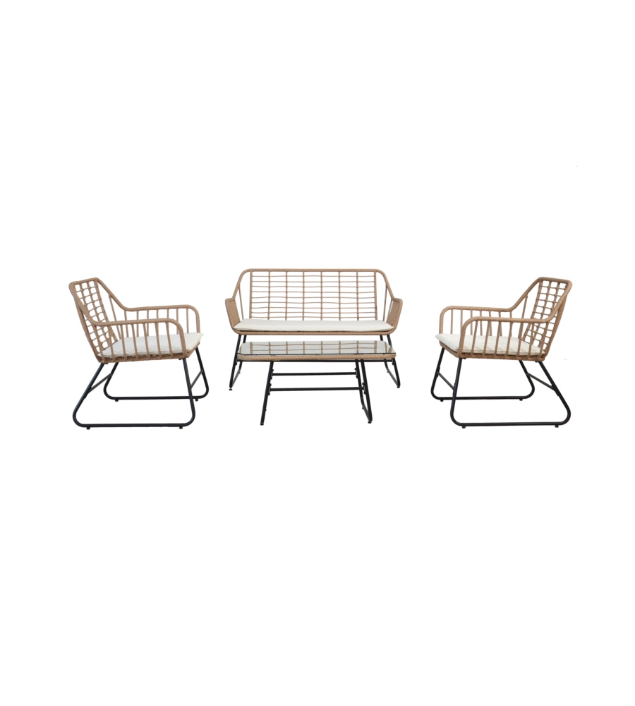 Set da giardino essenza "cebu" in acciaio nero 2 poltrone 1 divano 1 tavolo
