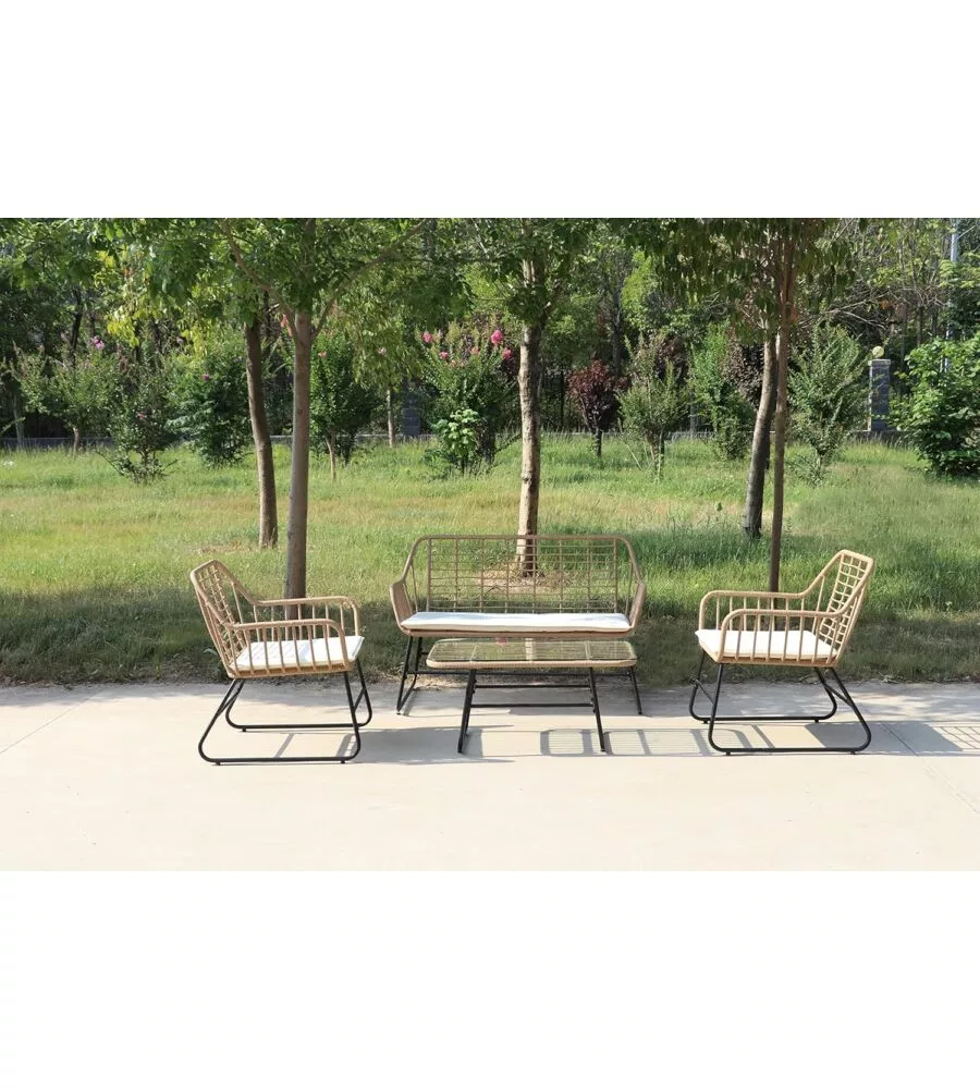 Set da giardino essenza "cebu" in acciaio nero 2 poltrone 1 divano 1 tavolo
