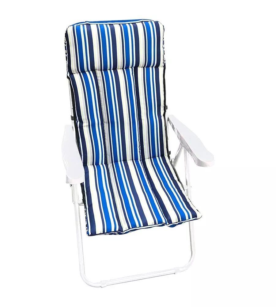 Poltrona da esterno pieghevole, multiposizione e imbottita essenza "ischia" in acciaio a righe blu 68x58x106 cm