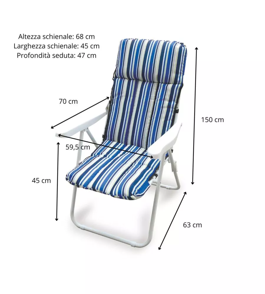 Poltrona da esterno pieghevole, multiposizione e imbottita essenza 'ischia' in acciaio a righe blu 68x58x106 cm