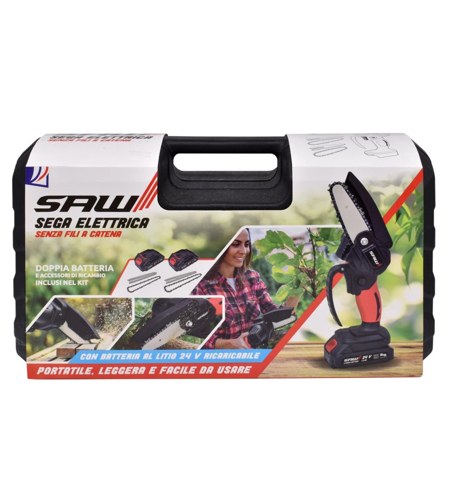 Potatore a catena a batteria saw barra 10 cm 2 batterie 24v 1,5ah