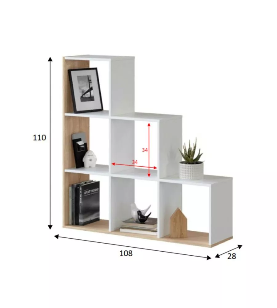 Libreria a scaletta bianco e quercia 108x28x110 cm