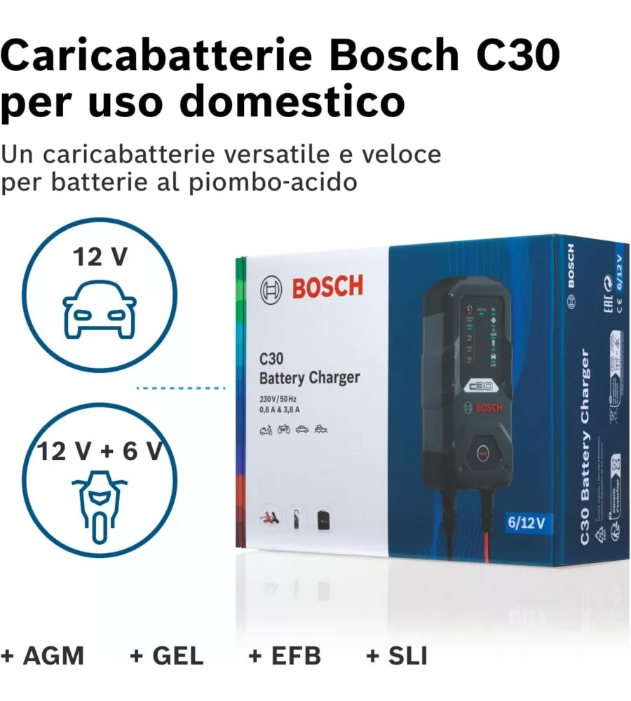Caricabatteria per auto bosch "c30" 6-12 v, 3,8a