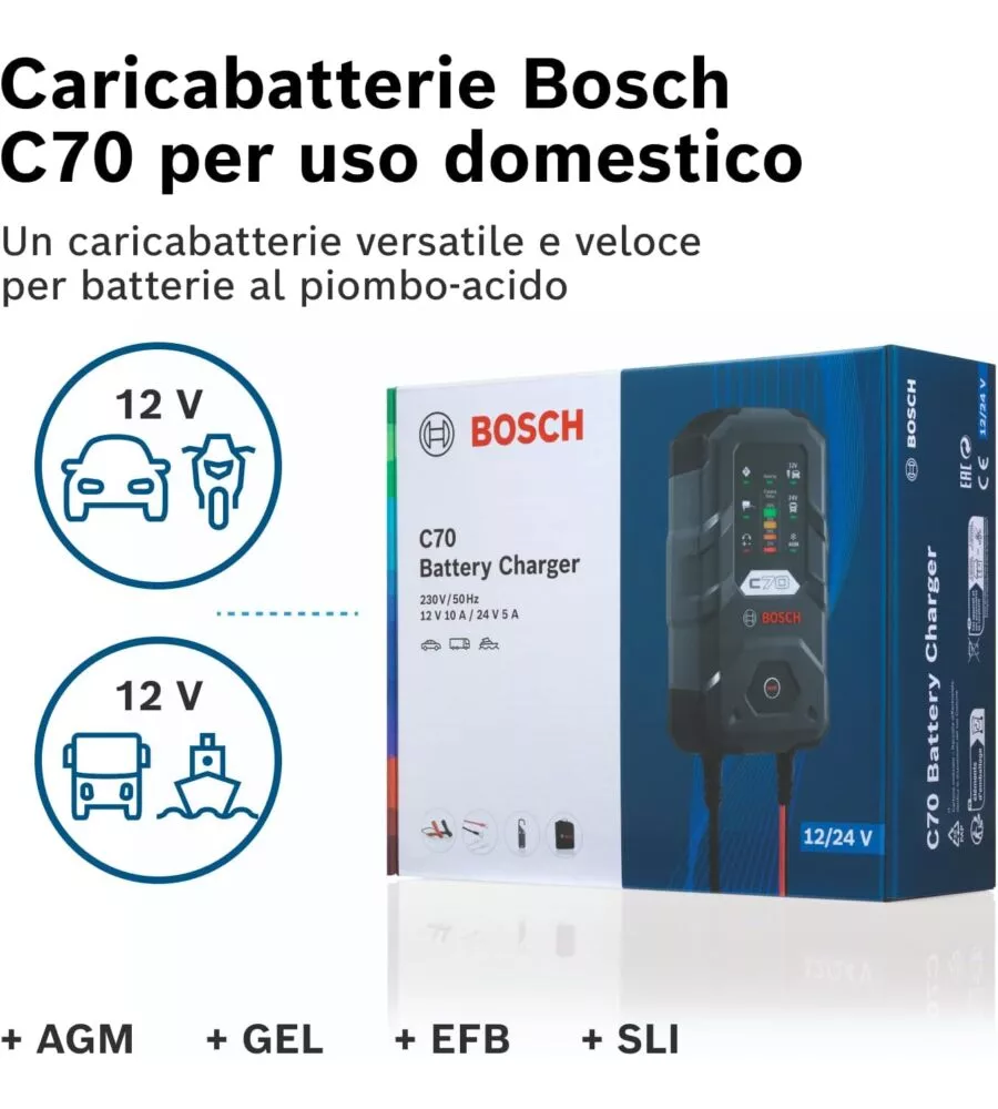Caricabatteria per auto bosch "c70" 12-24 v, 10a