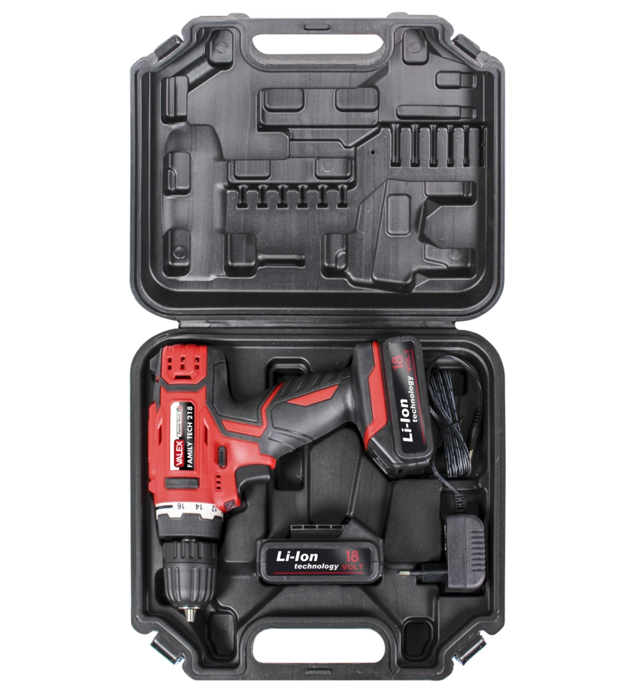 Kit valigetta trapano avvitatore a batteria valex "family-tech 218" 2 batterie 18v 0,80ah