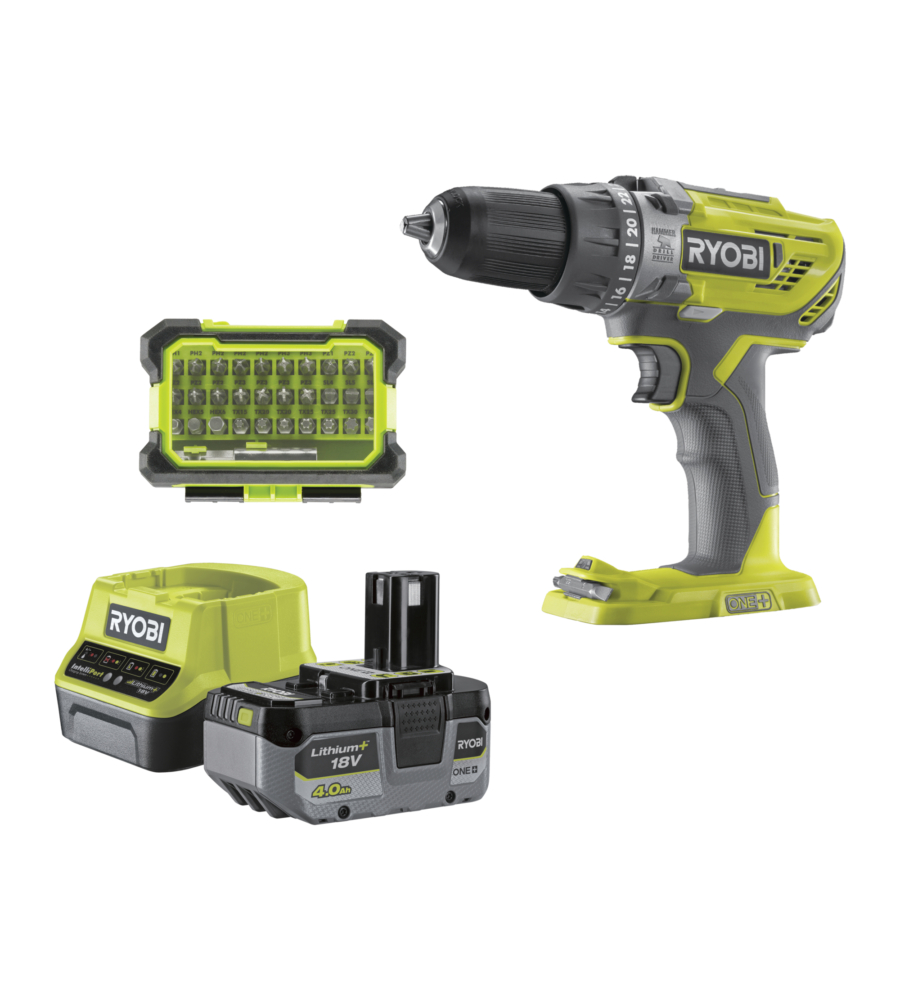 Kit trapano a percussione a batteria ryobi "r18pd3-140sa" con set punte 18v 4ah e caricabatterie