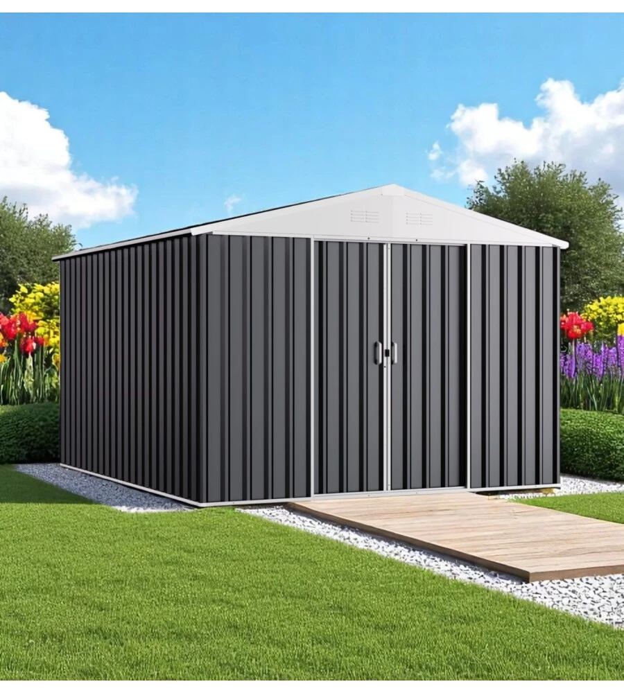 Casetta da giardino domus "xl new" in metallo grigio con porte scorrevoli 267x300x194 cm