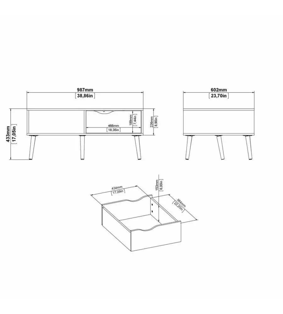 TAVOLINO DA SOGGIORNO "OSLO" BIANCO CON CASSETTO E GAMBE QUERCIA, 98,7X60,2X43,3 CM