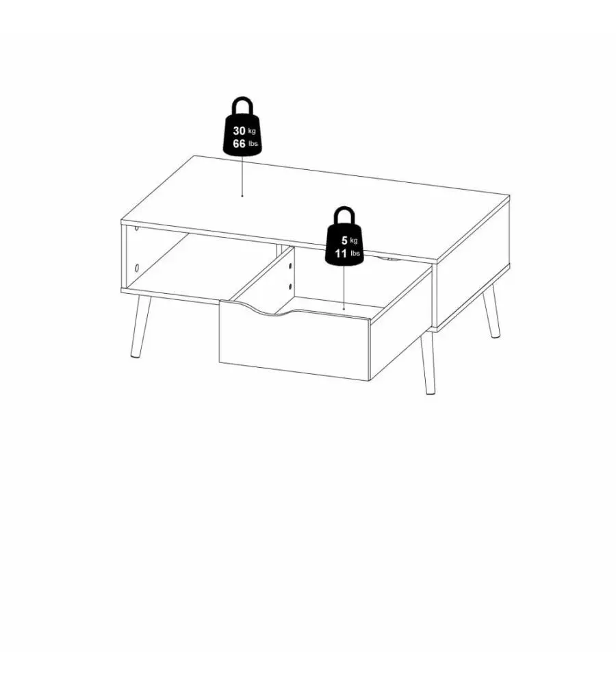 TAVOLINO DA SOGGIORNO "OSLO" BIANCO CON CASSETTO E GAMBE QUERCIA, 98,7X60,2X43,3 CM