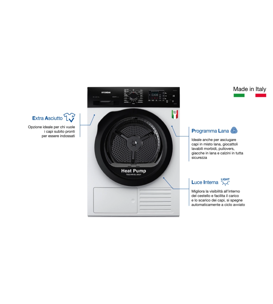 Asciugatrice a pompa di calore hyundai "dhn-8itw" carico 8 kg