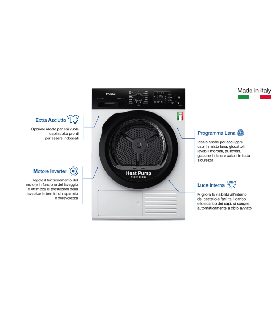 Asciugatrice a pompa di calore hyundai "dhn-9itw" carico 9 kg