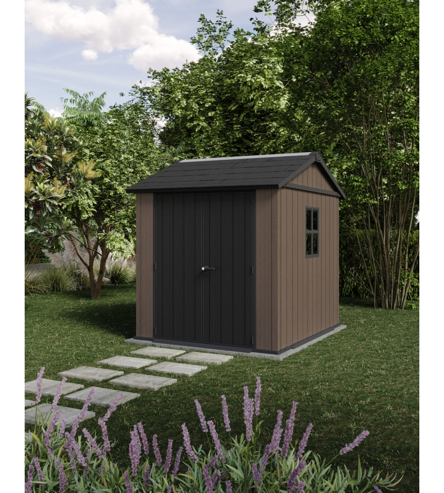 Casetta da giardino keter "newton+ 757/775" in resina marrone doppia opzione montaggio 230x223,8x246 cm