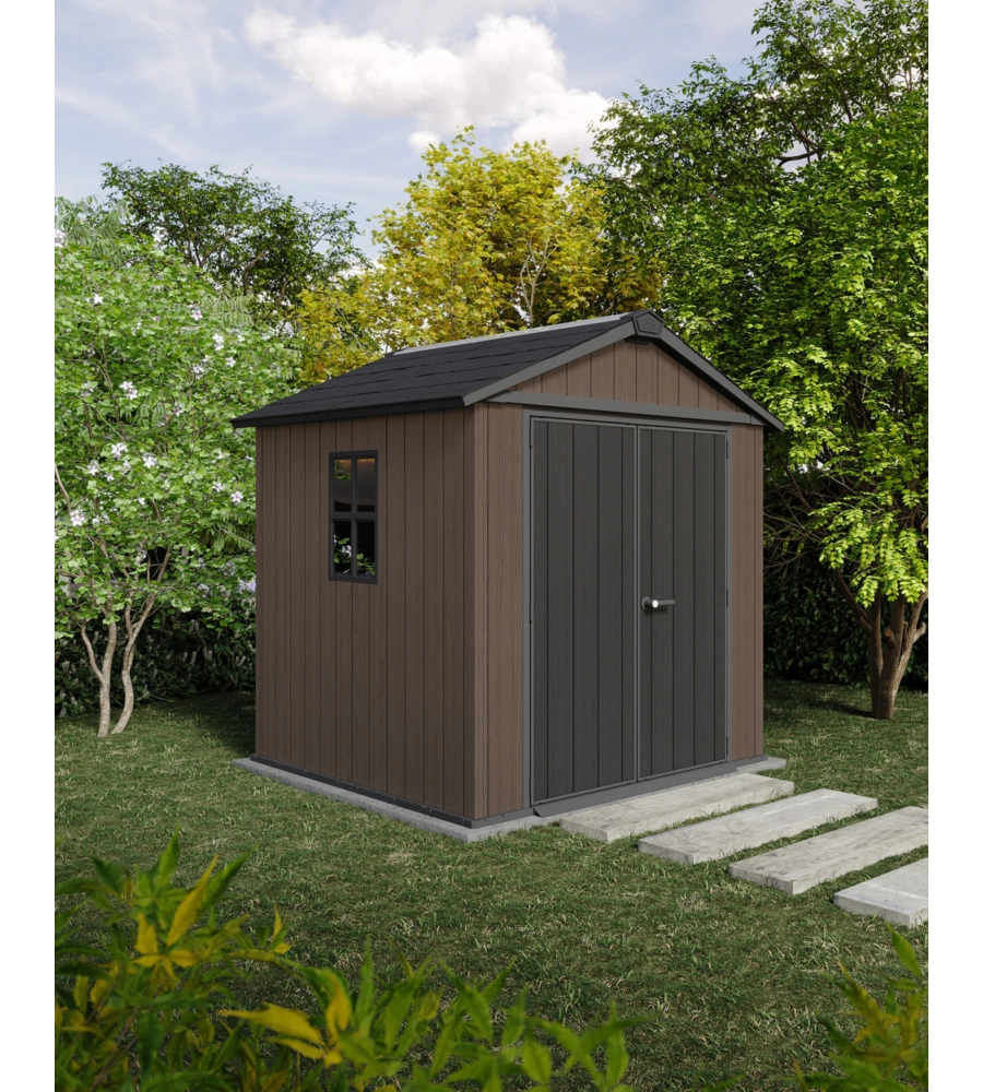 Casetta da giardino keter "newton+ 757/775" in resina marrone doppia opzione montaggio 230x223,8x246 cm