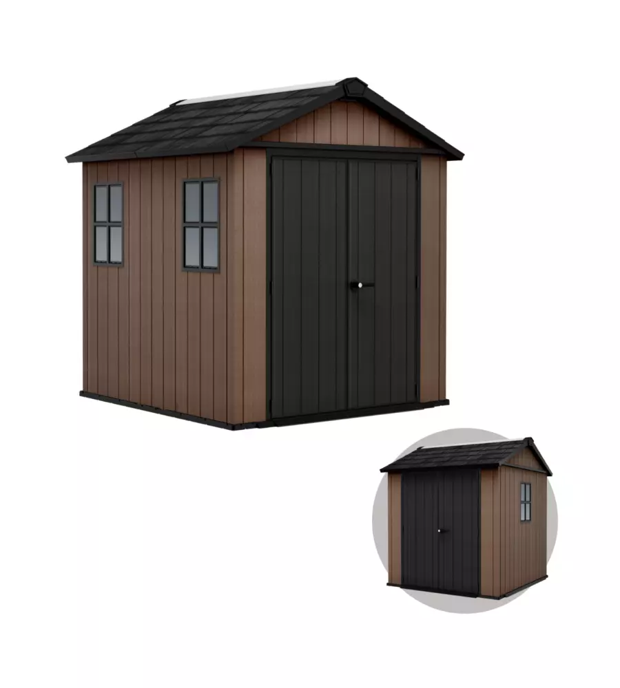 Casetta da giardino keter "newton+ 757/775" in resina marrone doppia opzione montaggio 230x223,8x246 cm