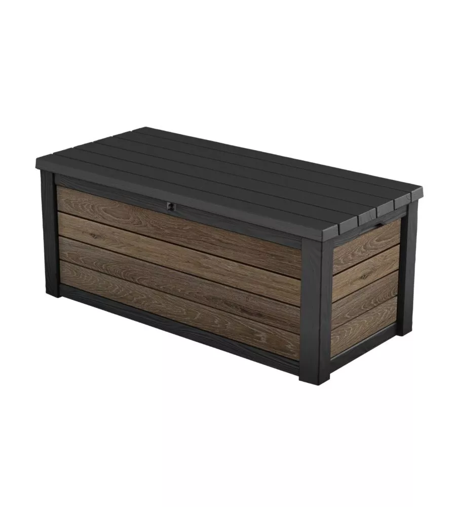 Baule da esterno keter "deco box 150g" in resina marrone effetto legno 570 lt 151,7x72,5x70 cm