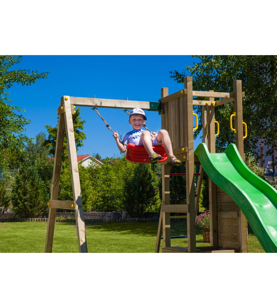 Gioco per bambini da esterno in legno fungoo "funny 3" con torretta, altalena, scivolo e parete da arrrampicata 290x200x210 cm