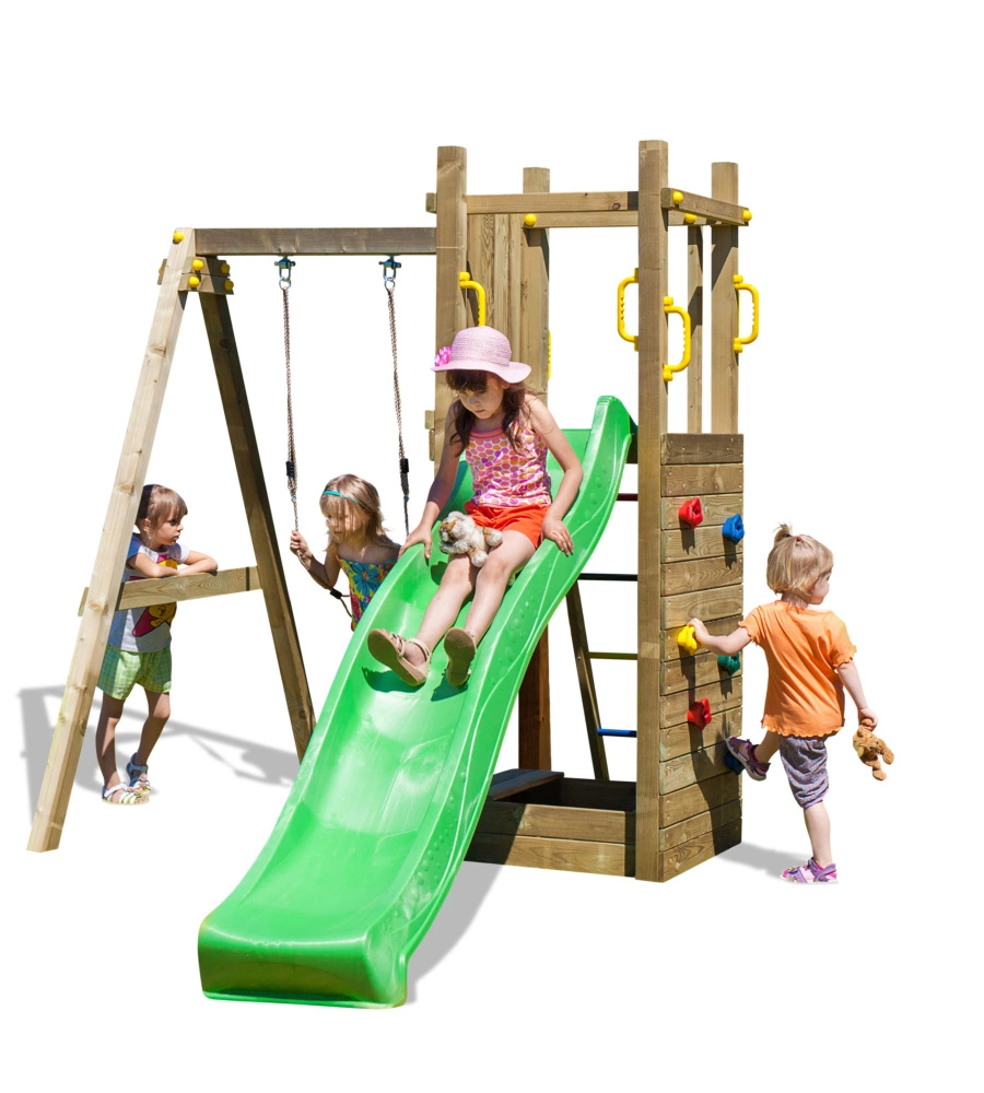 Gioco per bambini da esterno in legno fungoo "funny 3" con torretta, altalena, scivolo e parete da arrrampicata 290x200x210 cm