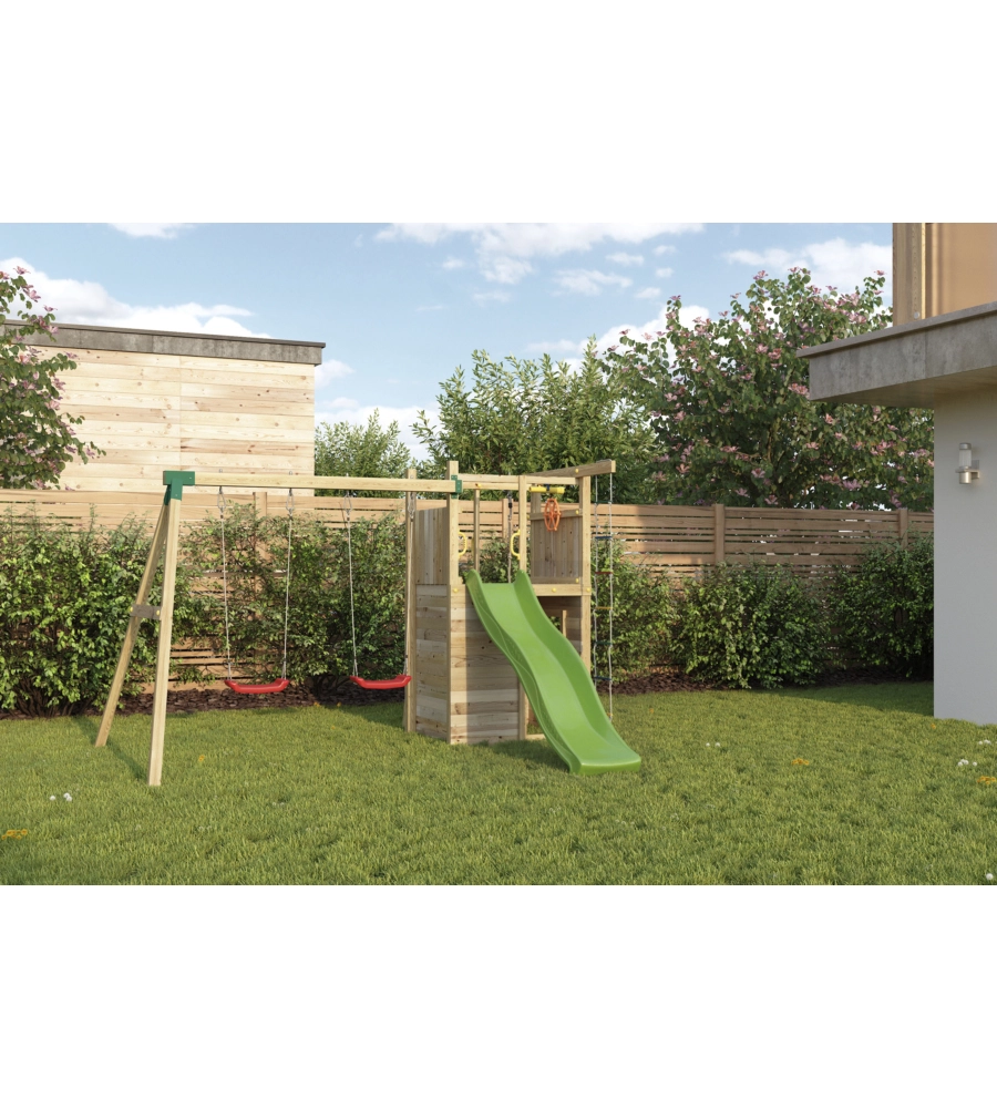 Gioco per bambini da esterno in legno fungoo "houser" con torretta, 2 altalene, corda da arrampicata e scala in corda 343x363x220 cm