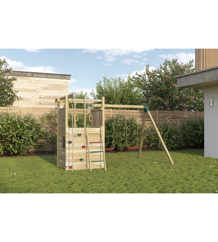 Gioco per bambini da esterno in legno fungoo "houser" con torretta, 2 altalene, corda da arrampicata e scala in corda 343x363x220 cm