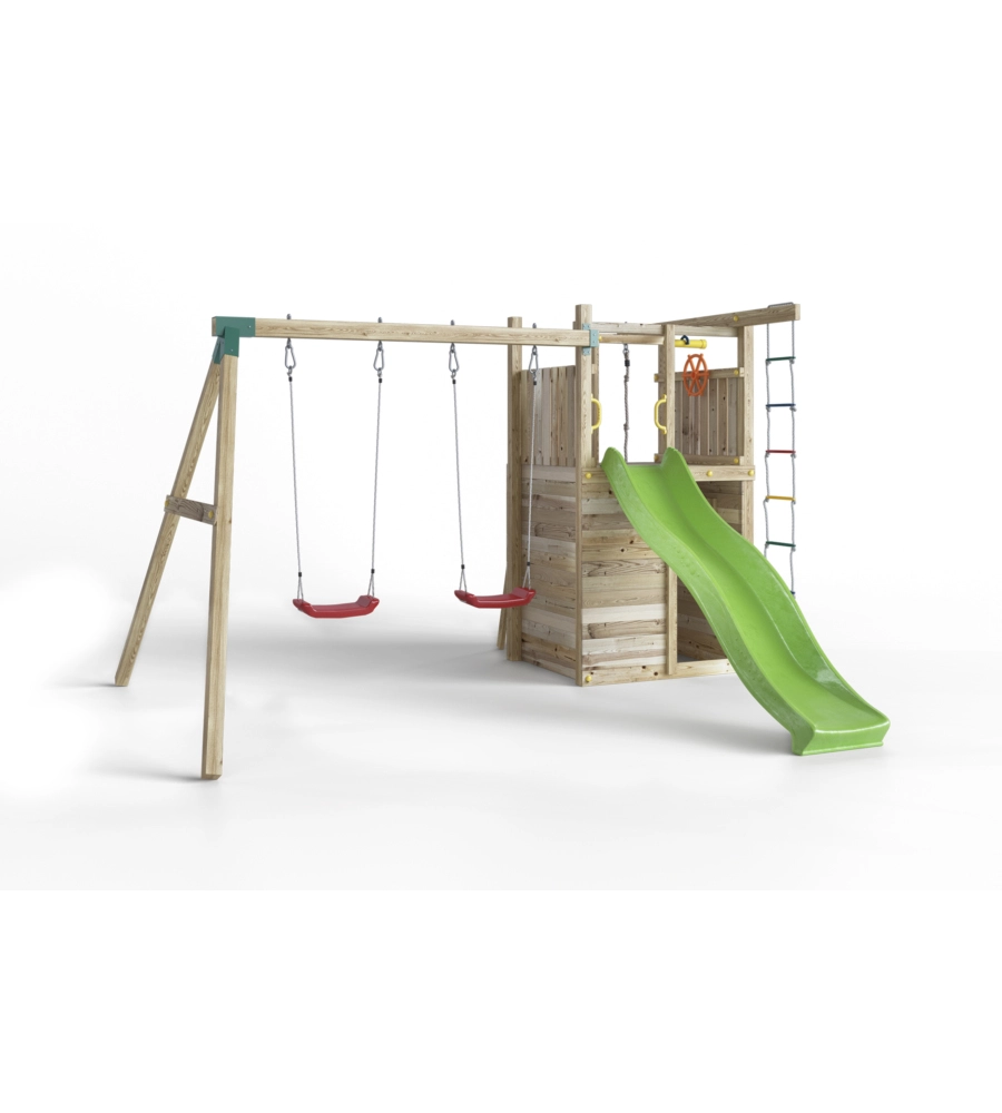 Gioco per bambini da esterno in legno fungoo "houser" con torretta, 2 altalene, corda da arrampicata e scala in corda 343x363x220 cm