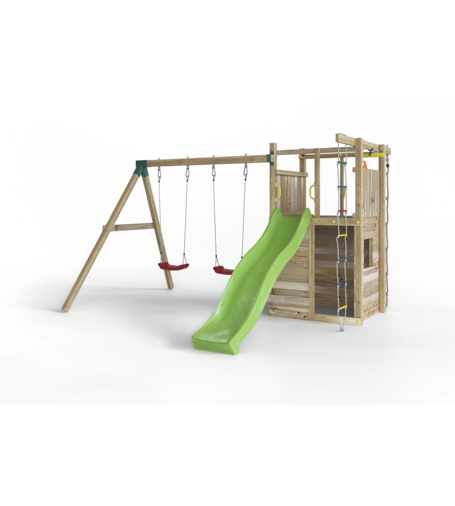 Gioco per bambini da esterno in legno fungoo "houser" con torretta, 2 altalene, corda da arrampicata e scala in corda 343x363x220 cm
