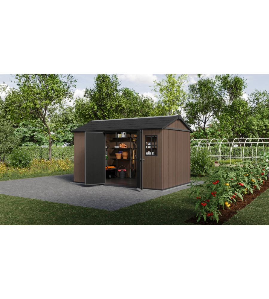 Casetta da giardino keter "newton+ 7513/1375" in resina marrone doppia opzione montaggio 413x230x246 cm