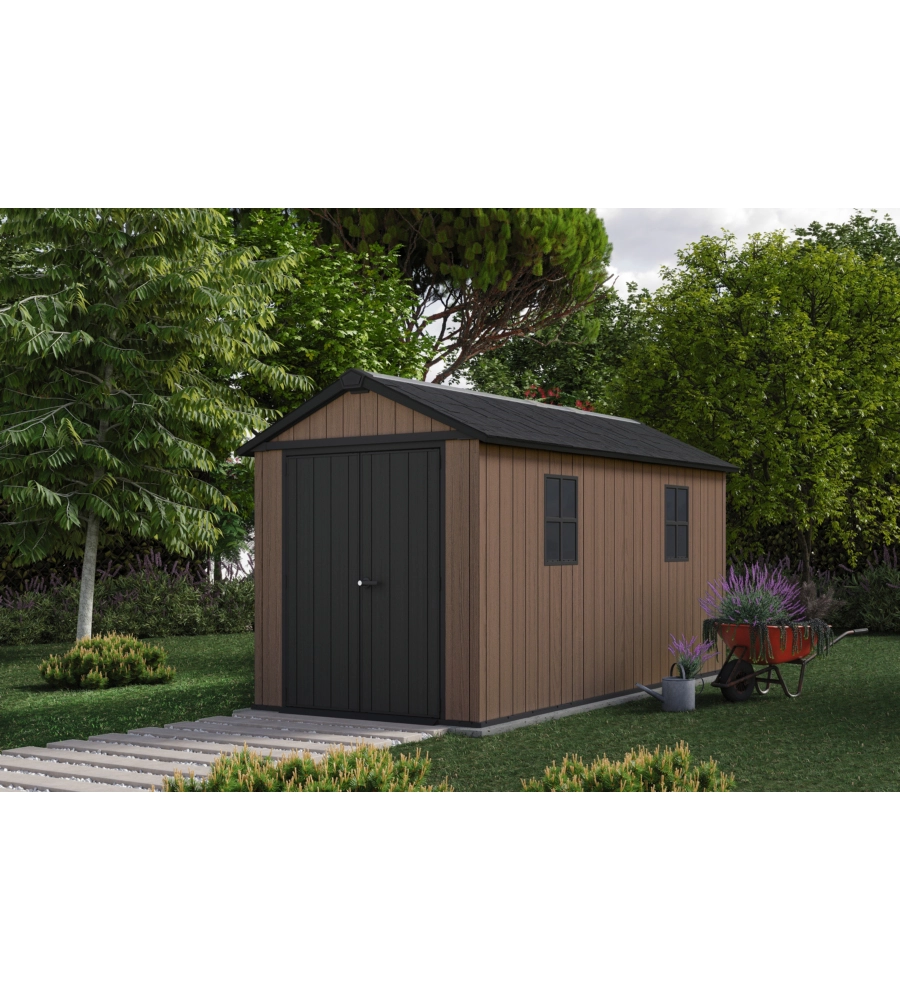 Casetta da giardino keter "newton+ 7513/1375" in resina marrone doppia opzione montaggio 413x230x246 cm