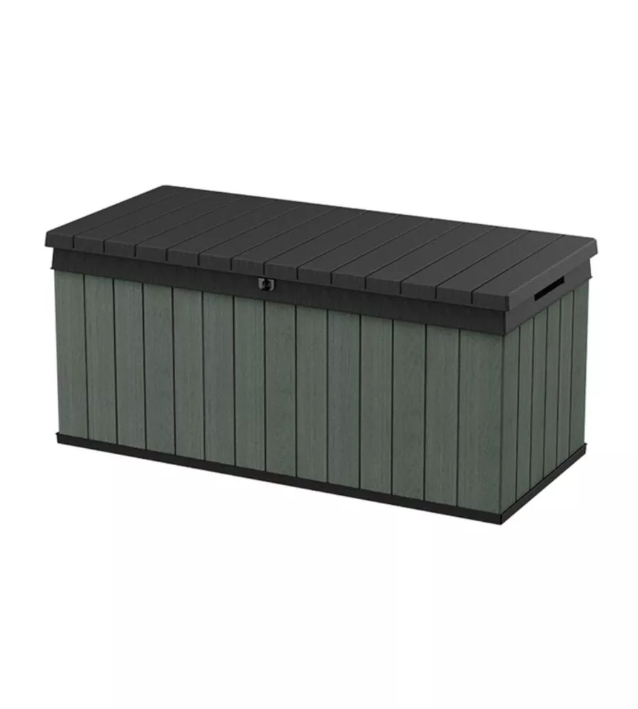 Baule da esterno keter "darwin 120g" in resina verde effetto legno 454 lt 142,5x65,3x64,3 cm