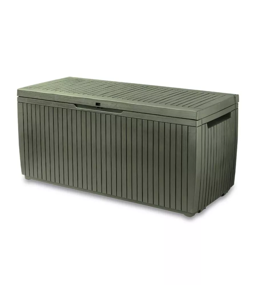 Baule da esterno keter "springwood" in resina verde effetto legno 305 lt 123x53,5x57 cm
