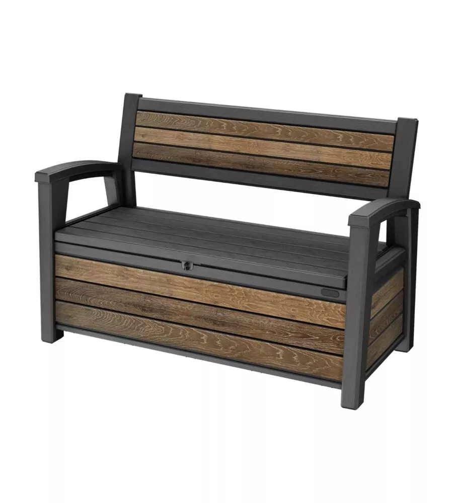 Panchina con contenitore keter "deco bench" in resina marrone effetto legno 227 lt 133x61x89 cm